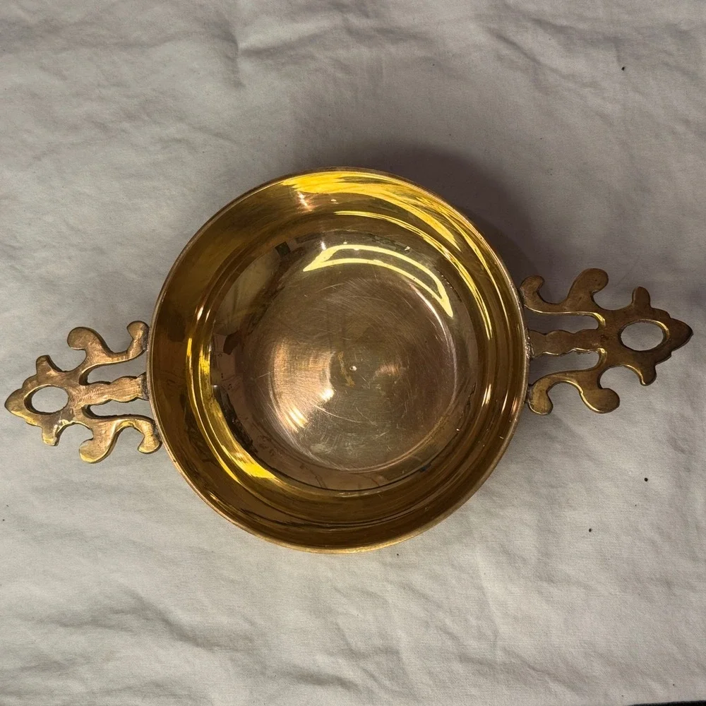 Vintage Brass Decorative Bowl with Ornate Scroll Handles Made in India 4.5